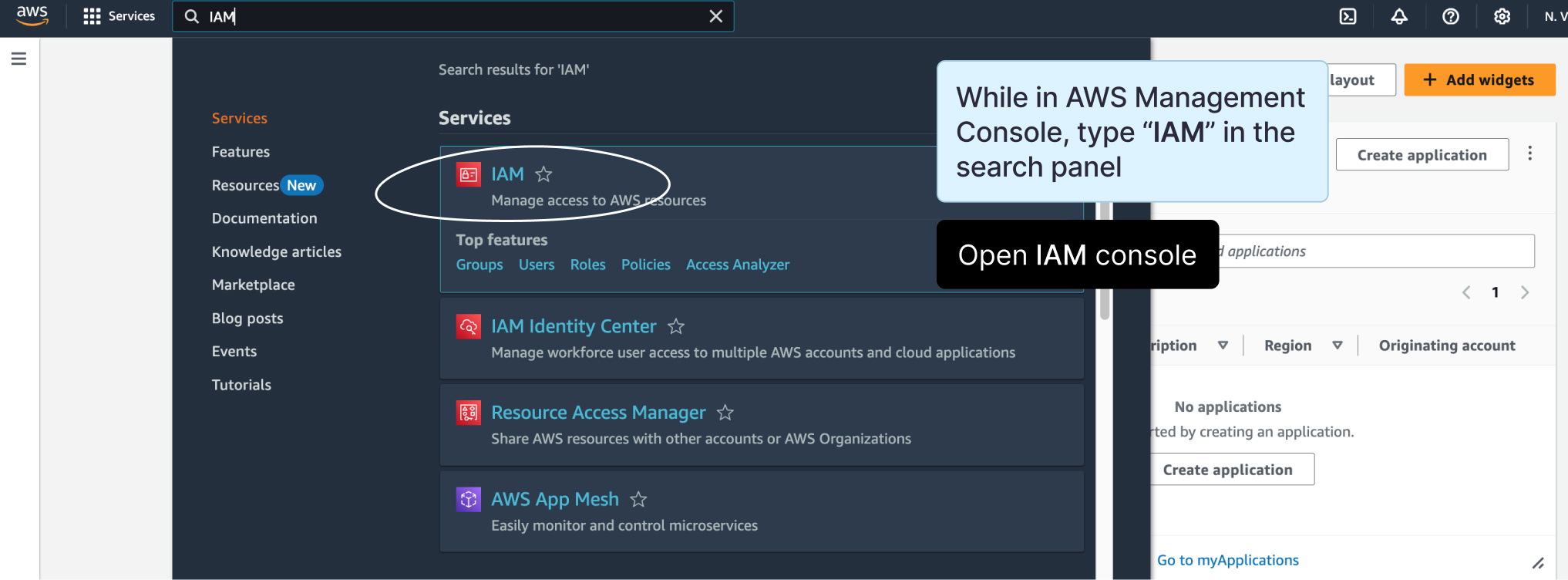 Illustration: Go to the AWS Console and open the IAM service.