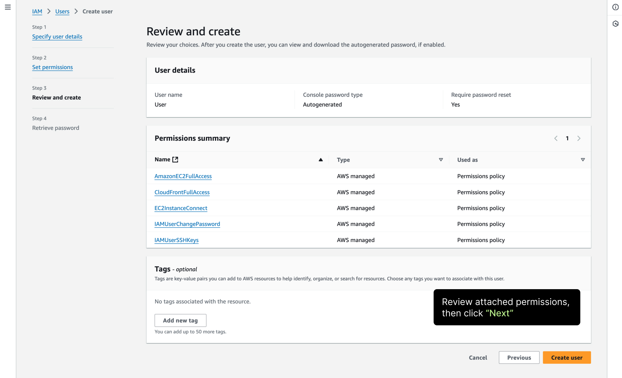 Illustration: Check the summary carefully before creating the IAM user so you do not accidentally grant more than intended.
