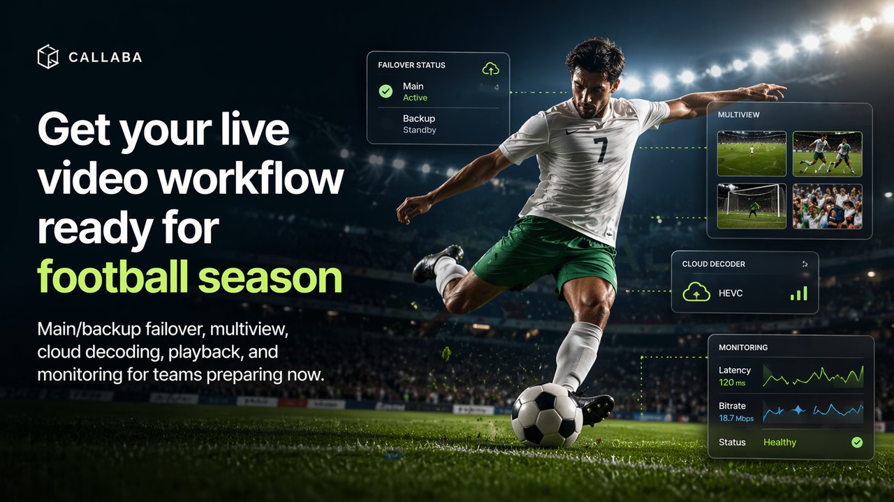 A football event workflow should be ready before the venue goes live: contribution, failover, multiview, decoding, playback, recording, and monitoring.