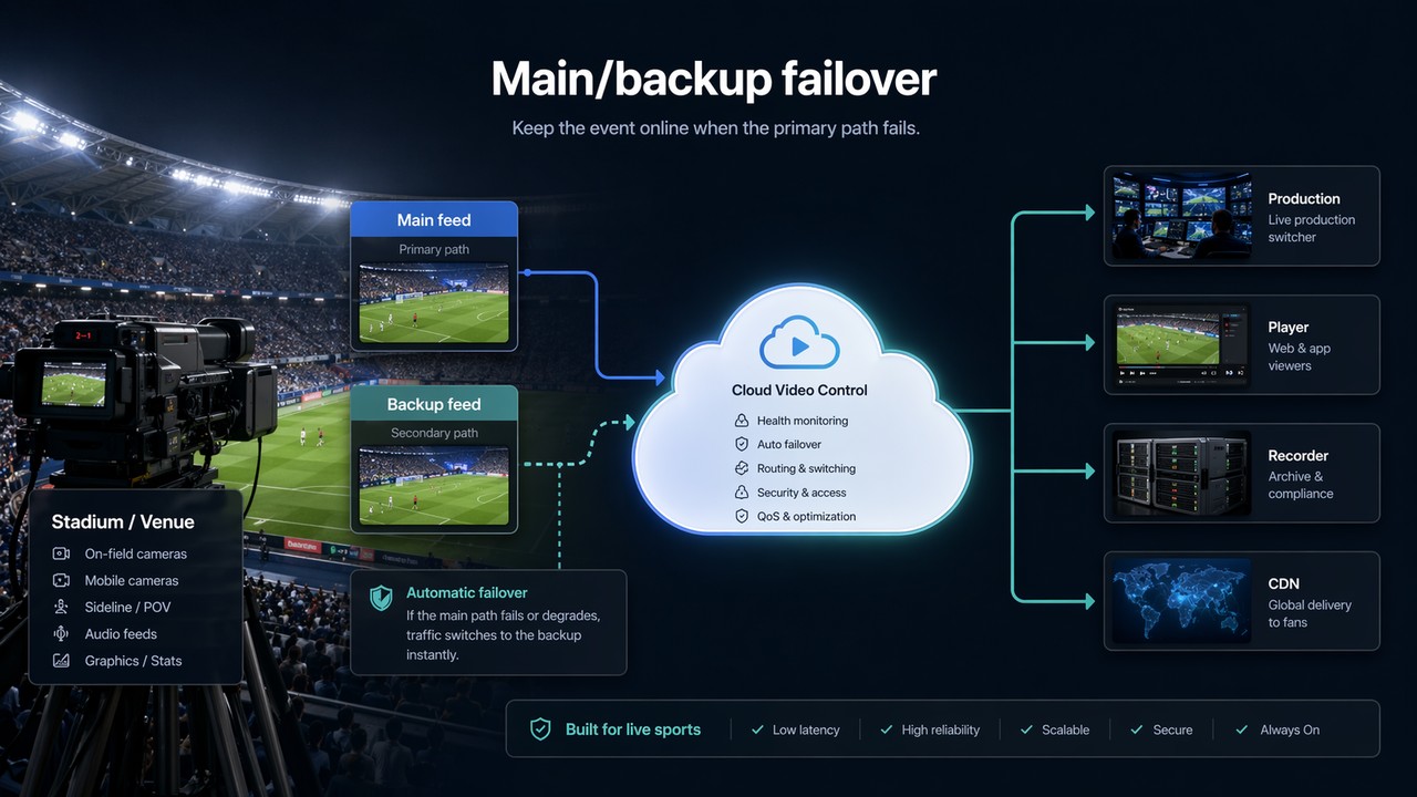 Main and backup paths reduce the risk of losing the event when one contribution link fails or degrades.