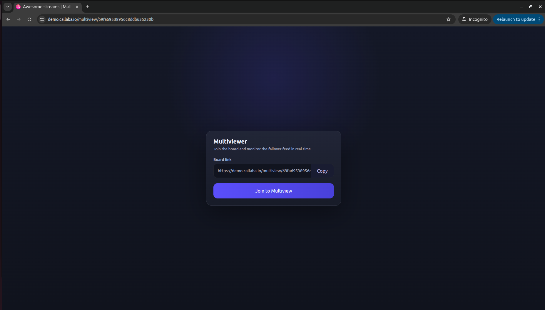 Callaba multiview join screen with board link, copy button, and Join to Multiview action