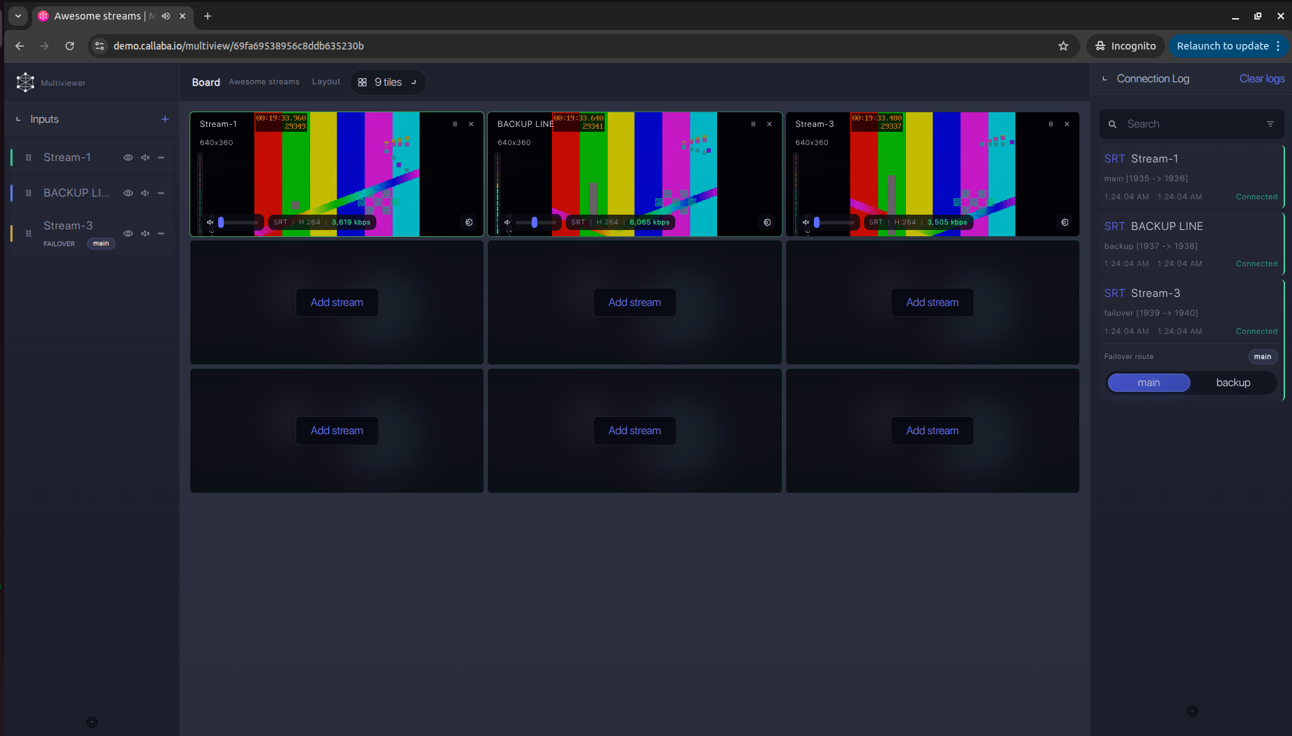 Callaba multiview board with 9-tile layout, live SRT streams, inputs list, connection log, and main-backup failover route control