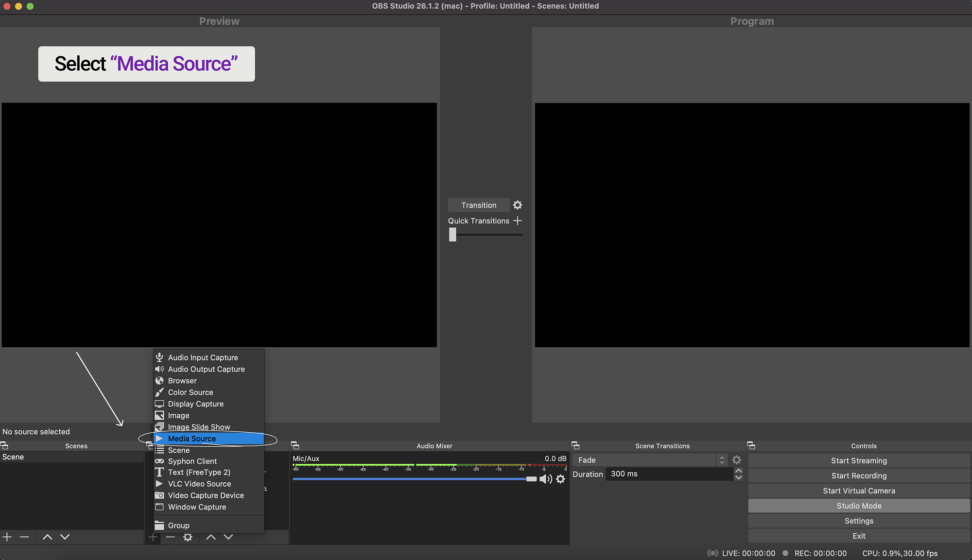 Choose Media Source in OBS Studio for SRT receiving
