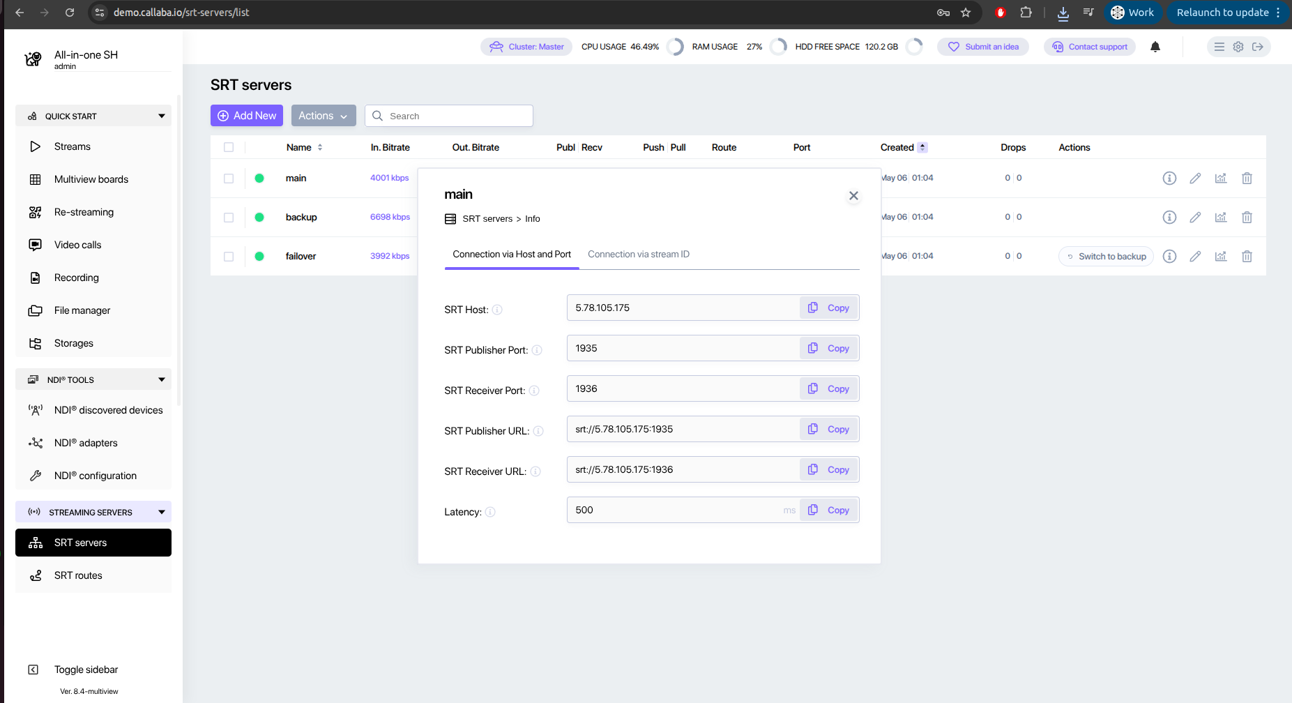 Copy the SRT Receiver URL from a Callaba SRT server