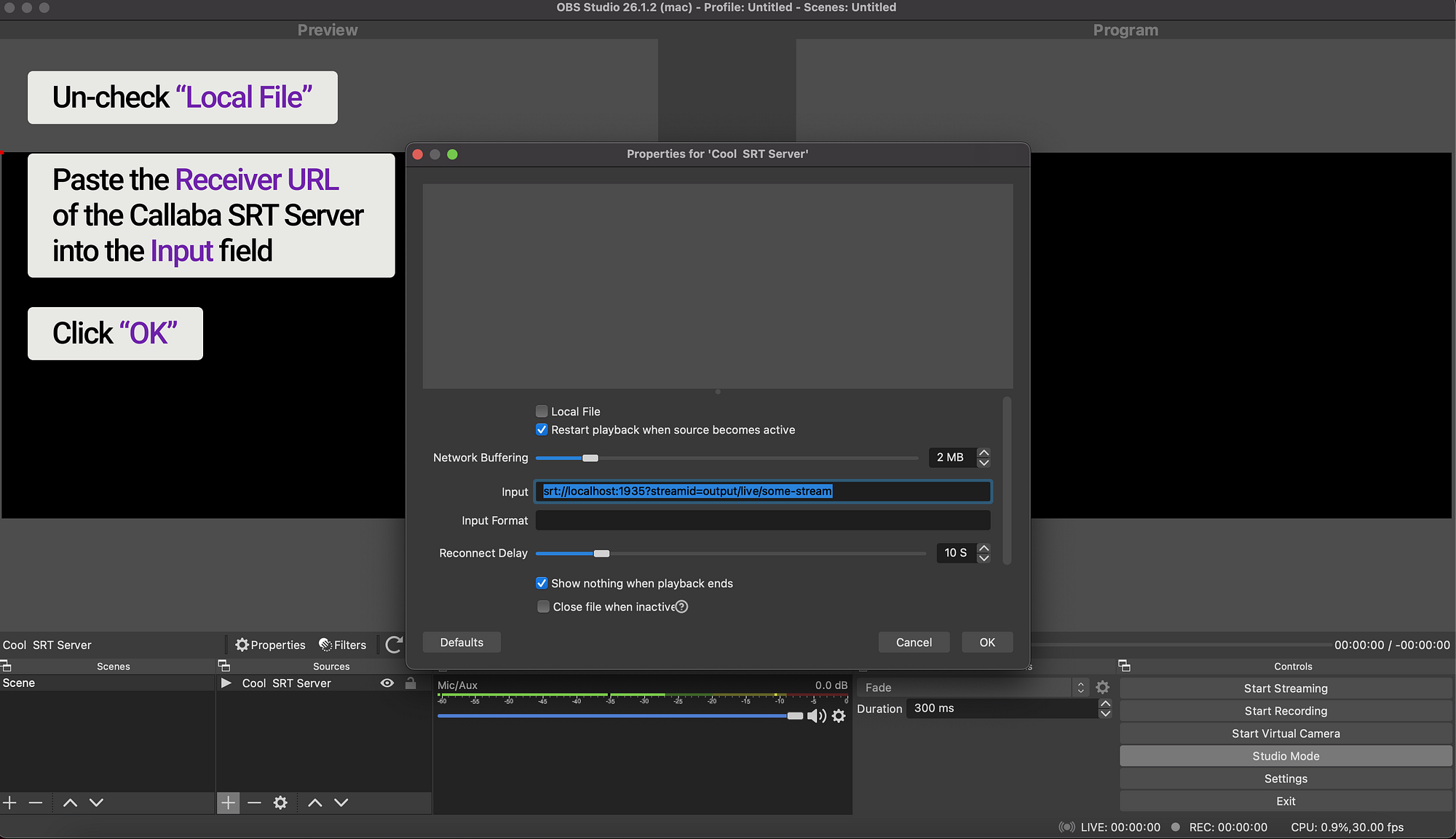 Paste the SRT Receiver URL into the OBS Media Source input field