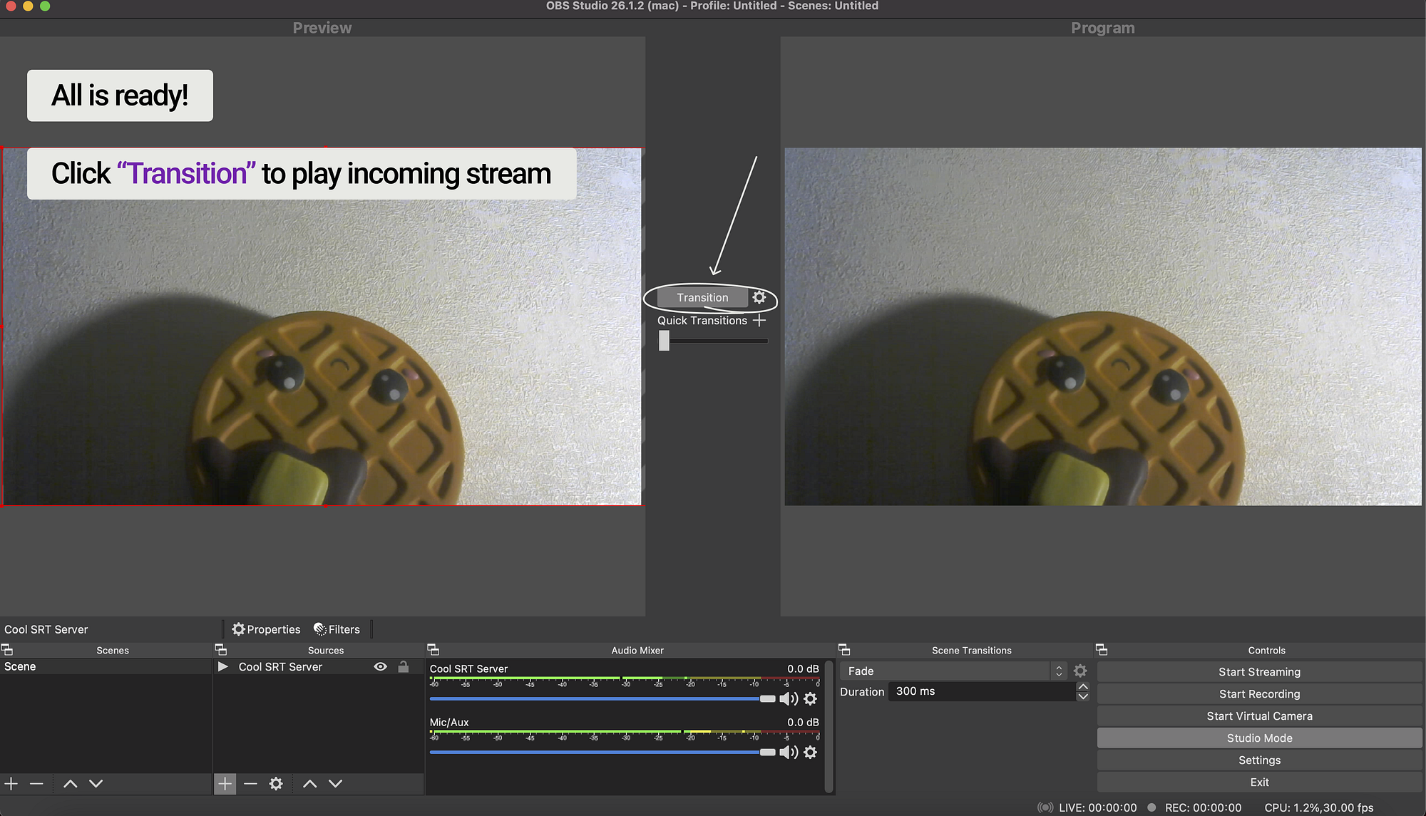 Transition the SRT source into the active OBS output