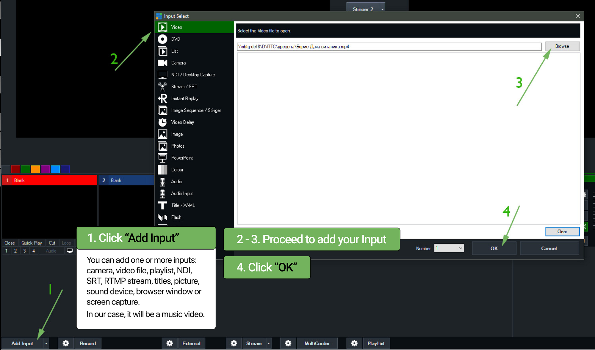 vMix Add Input window for preparing a source before SRT output