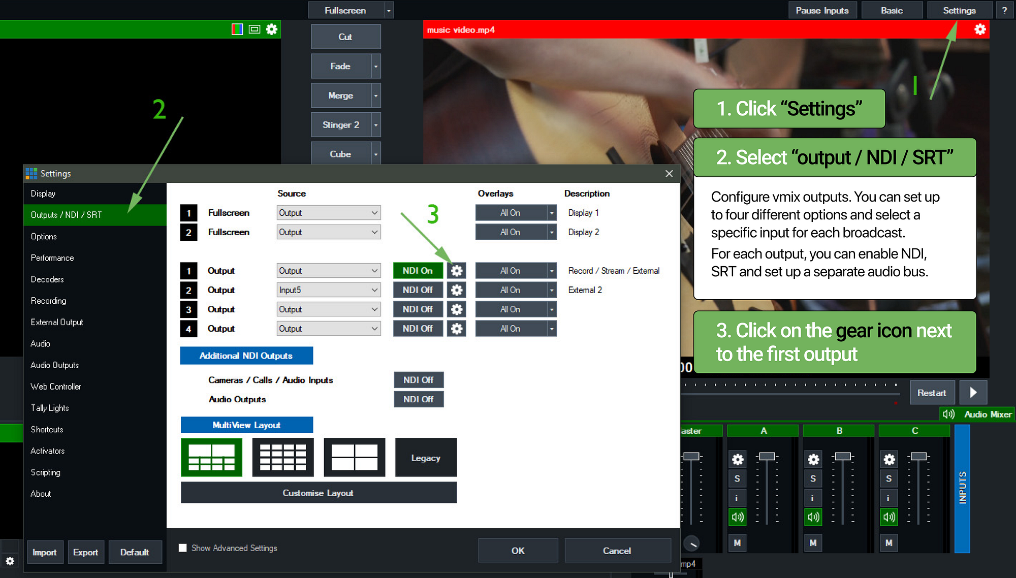 vMix Outputs NDI and SRT settings
