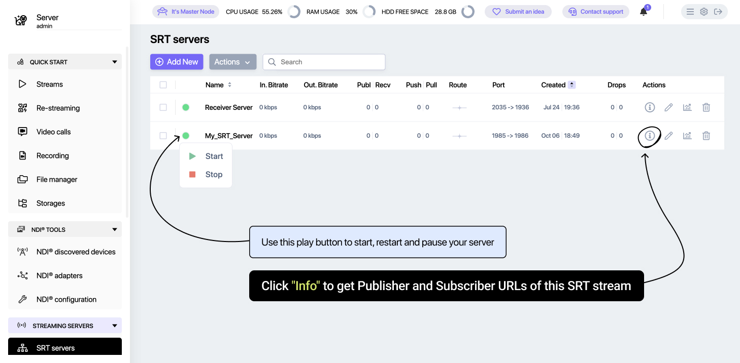 Open SRT server info in Callaba