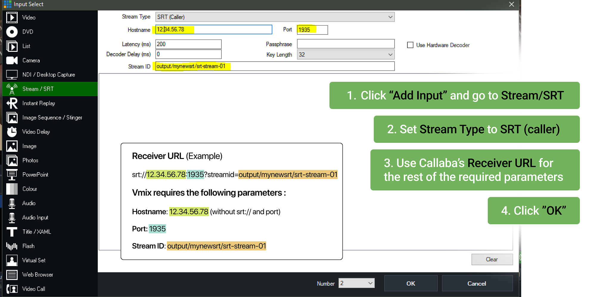 Receiving SRT in vMix using caller mode