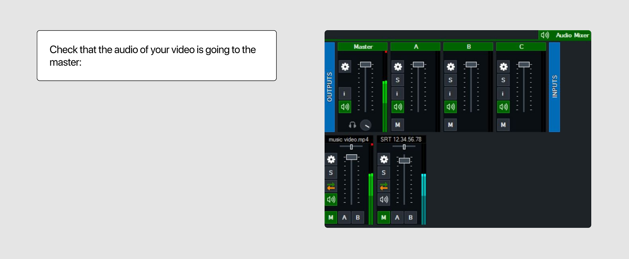vMix audio routing check for received SRT stream