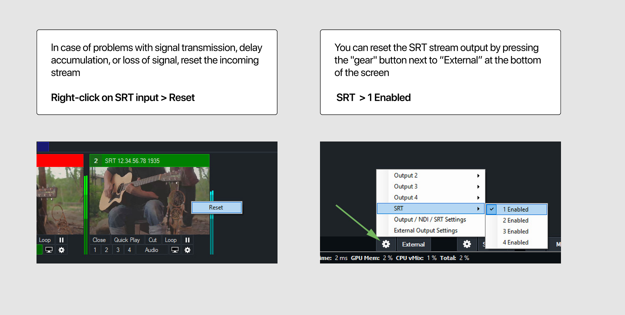 Resetting an SRT stream in vMix