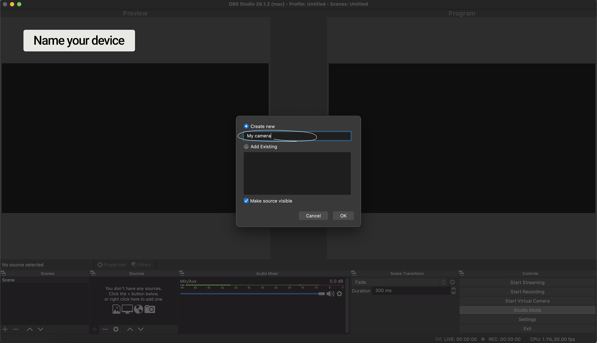 Name a new source in OBS Studio
