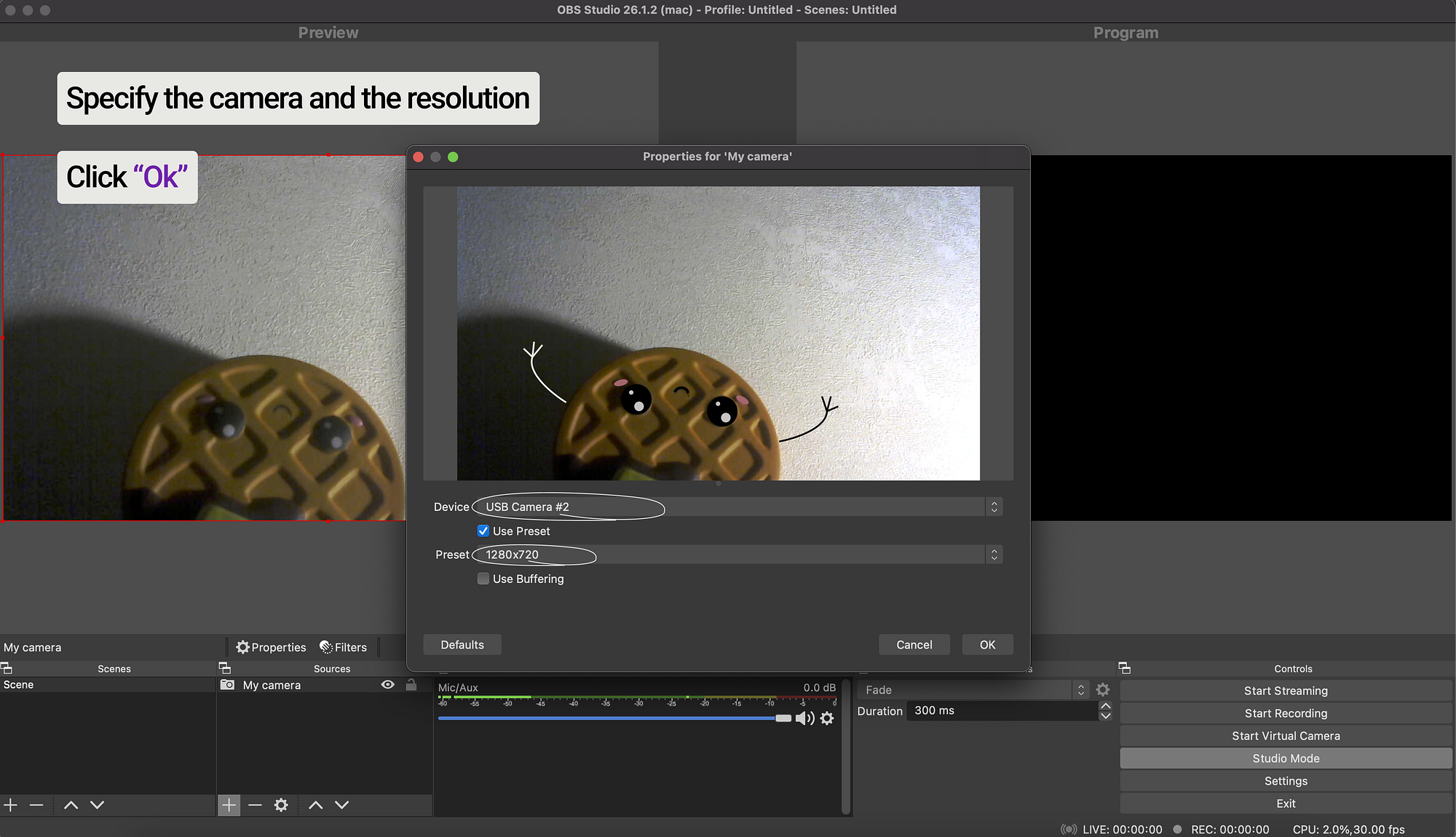 Choose camera and resolution in OBS Studio