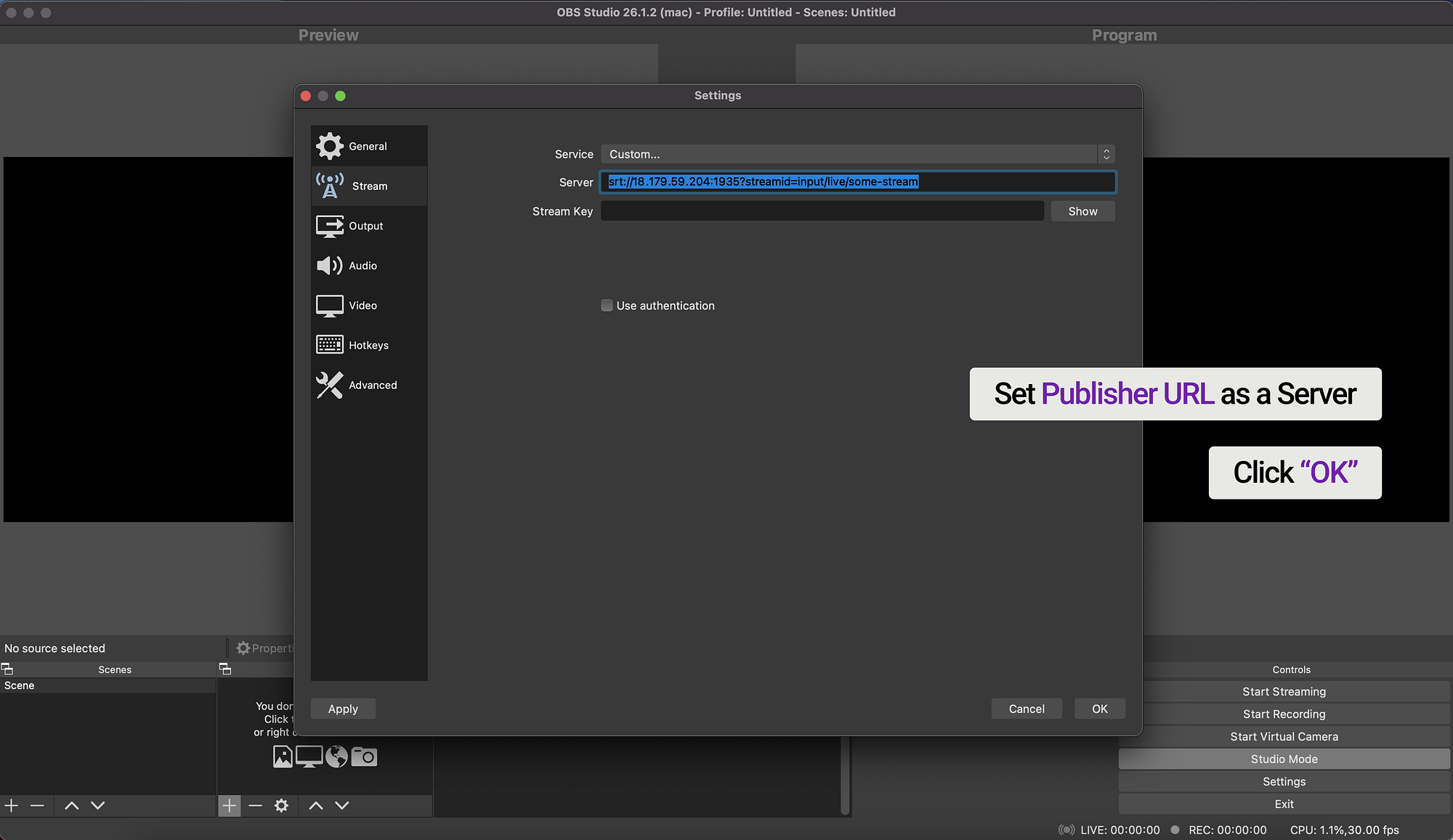 Paste SRT Publisher URL into OBS Studio