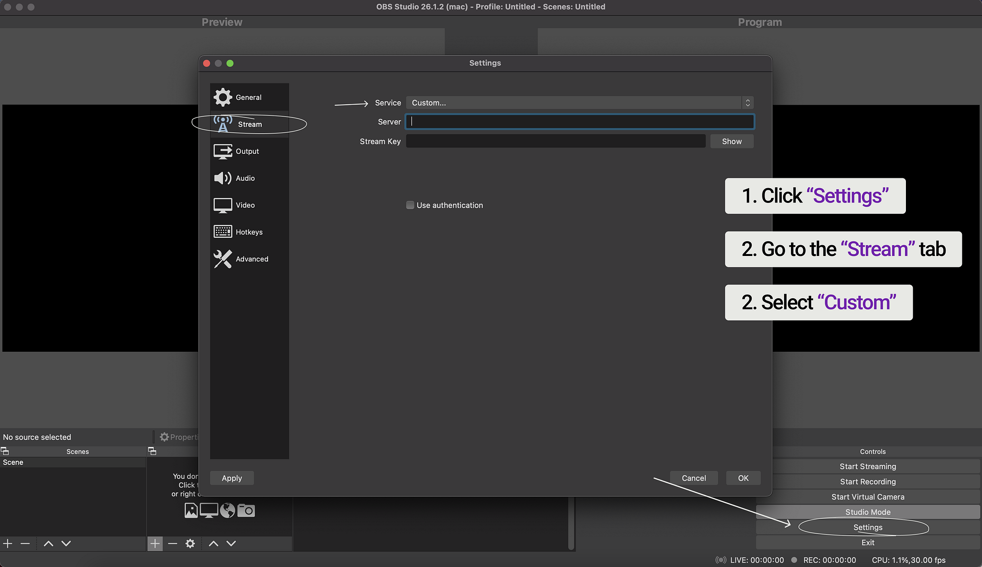 Open stream settings in OBS Studio